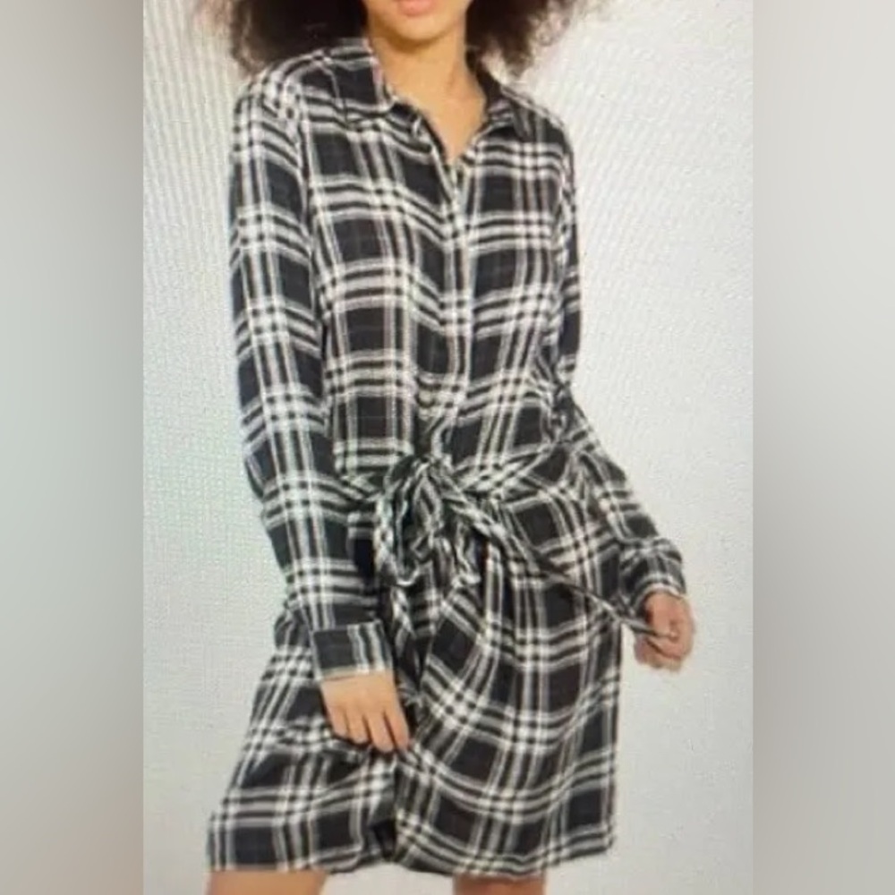 REVOLVE HEARTLOOM KASEY DRESS PLAID SHIRTDRESS BLACK WHITE TIE WAIST XS NEW $120